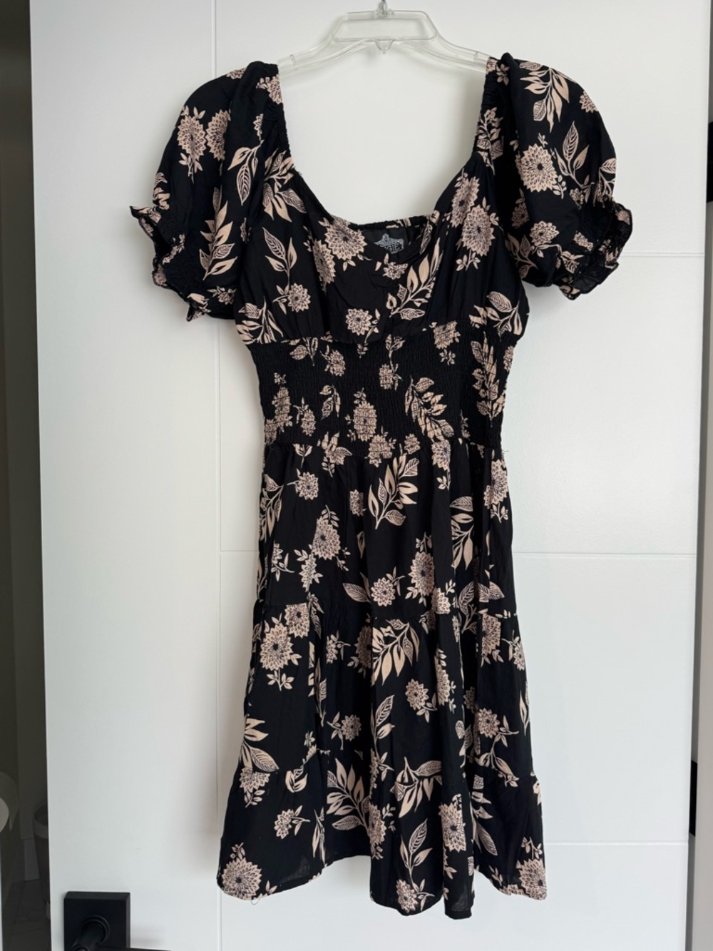 Angie Black Dress with Cream Floral Print and Puff Sleeves